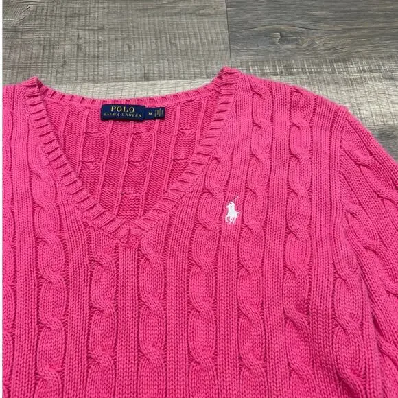 Polo Ralph Lauren Womens Size Medium Pink Cotton Cable Neck V Neck Sweater - Picture 3 of 7